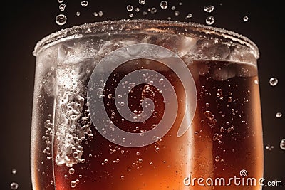 Cola with ice. Fresh cold sweet drink with ice cubes. Over red background with copy space, ai generative Stock Photo