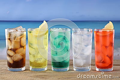 Cola and lemonade soda drinks on the beach Stock Photo