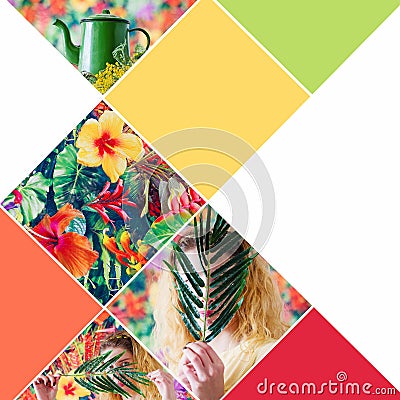 Colage with bright colors and exotic flowers Stock Photo