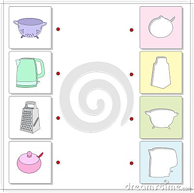 Colander, electric kettle, metal grater and sugar bowl. Educational game for kids Vector Illustration