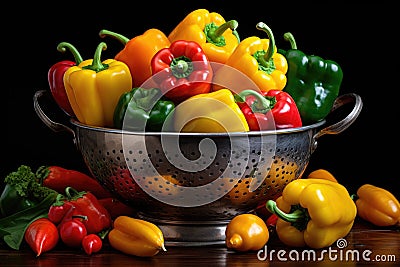 a colander filled with colorful bell peppers Stock Photo