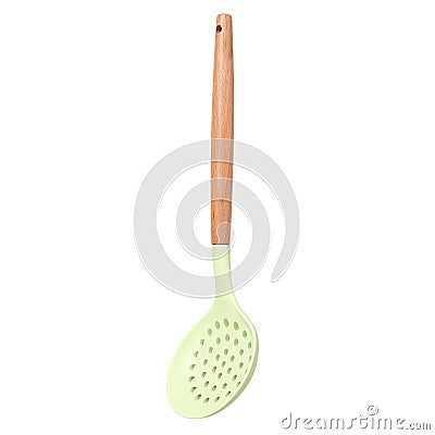 Colander green silicone spoon with wooden handle Stock Photo