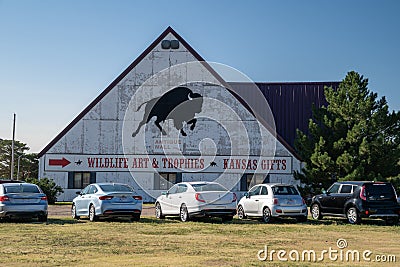Southwind Plaza, a shopping area selling gifts, wildlife art and trophies in Central Kansas Editorial Stock Photo