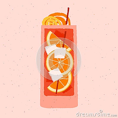 Cold alcohol drink with orange and ice cubes. Mocktail in Collin Highball glass Vector Illustration