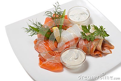 Cold appetizer of smoked halibut, salted trout, sockeye salmon s Stock Photo