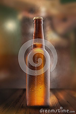 Cold beer bottle with drops, frost and vapour Stock Photo