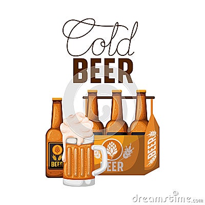 Cold beer label with box and beer bottles Vector Illustration
