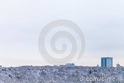 Cold blue sky over apartment house and woods Stock Photo