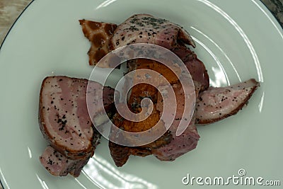 Cold-boiled pork in composition product protein rope . Stock Photo