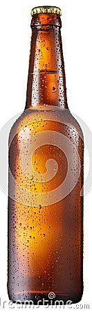 Cold bottle of beer with condensated water drops on it. Stock Photo