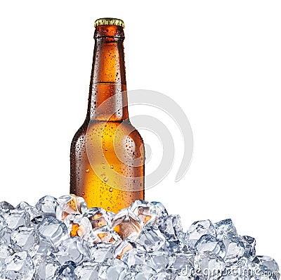 Cold bottle of beer in the ice cubes. Stock Photo