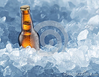 Cold bottle of beer in ice cubes. Food and drink background Stock Photo
