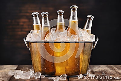 Cold bottles of beer with condensation droplets in the metal bucket with ice on wooden table Stock Photo