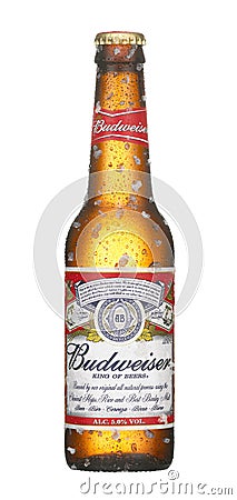 COLD BUDWEISER BEER BOTTLE COVERED IN ICE Editorial Stock Photo