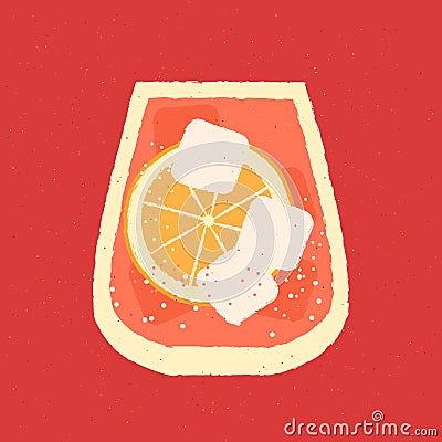 Cold cocktail with orange and ice cubes. Tumbler glass for bar. Vector with texture Vector Illustration