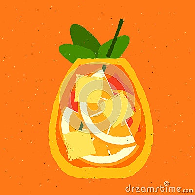 Cold cocktail with orange and mint. Tumbler glass with tonic. Vector with texture Vector Illustration
