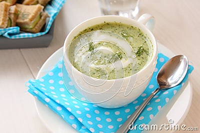 Cold cucumber soup with dill, yogurt and sandwiches Stock Photo