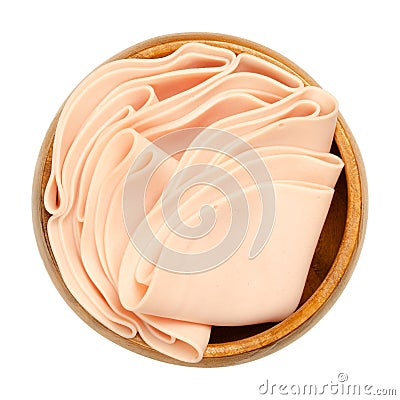 Vegetarian sausage, cold cut, similar to Bologna sausage, in wooden bowl Stock Photo