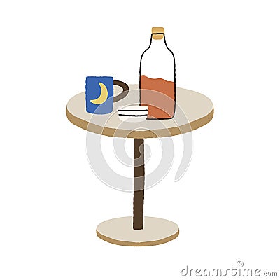 Cold drink in corked glass bottle of juice, tea cup, mug on coffee table. Homemade refreshing lemonade. Flat vector Vector Illustration