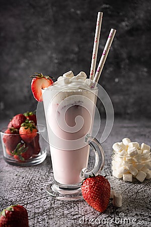 a cold drink. milk strawberry milkshake Stock Photo