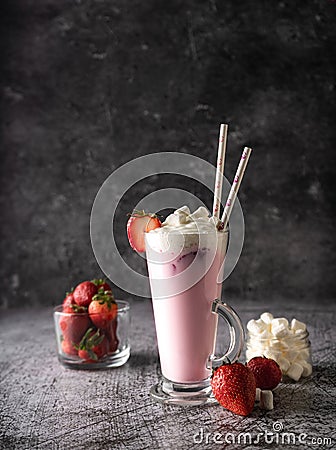 a cold drink. milk strawberry milkshake Stock Photo