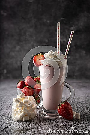 a cold drink. milk strawberry milkshake Stock Photo