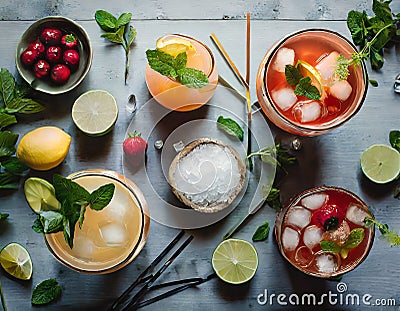 Cold drinks, non-alcoholic, citrus cocktails, lemon, orange, cherries, mint leaves, refreshing, flatlay Stock Photo