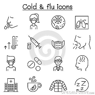 Cold, flu, allergy & sick icon set in thin line style Vector Illustration