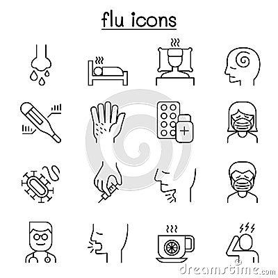 Cold, flu, allergy & sick icon set in thin line style Vector Illustration