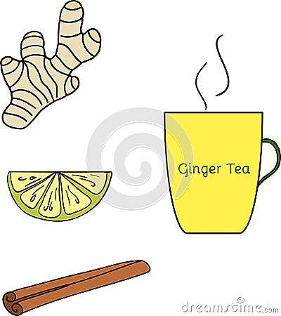 Cold and flu natural relief herbal tea set. Ginger, lemon, lime, cinnamon. Isolated image. Hand drawn style. Stock Photo