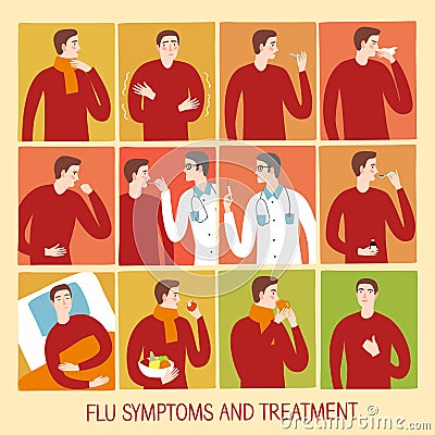 Cold and flu stages and treatment set. Cartoon Illustration