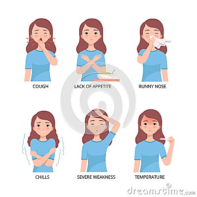 Cold and flu symptoms set. Boy suffering from cough, lack up appetite, runny, nose, chills, severe weakness, temperature Vector Illustration