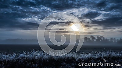 Cold foggy landscape, field in the sunrise. Frosty grass Stock Photo