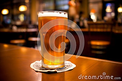 Cold fresh craft beer Oktoberfest Munich brilliance delicious unbottled foam mug glass keg beer wooden table bar pub Stock Photo