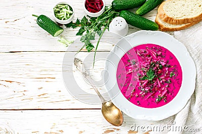 Cold fresh traditional vegetable summer soup made of beetroot Stock Photo