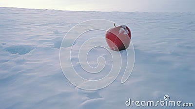 Lonely Red Apple In Snow: Minimalist Color Field Exploration Stock Photo