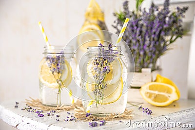 Cold Infused Detox Water with Lemon and Lavender. Stock Photo