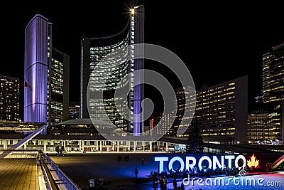 Toronto City Hall and Night Skaters Editorial Stock Photo