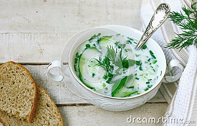 Cold kefir soup with cucumber close up Stock Photo