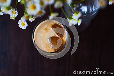 Cold latte, coffee with milk and ice in beautiful glass on dark background with small flowers daisy. Stock Photo