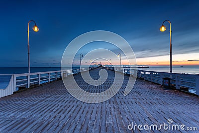 Cold morning at Pier in Sopot Stock Photo