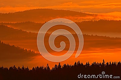 Cold morning in Sumava National park, hills and villages in the fog and rime, misty view on czech landscape, blue winter scene, Cz Stock Photo