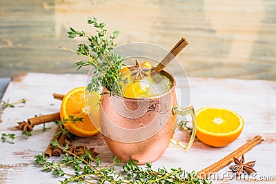 Cold orange Moscow mule cocktail in copper mug Stock Photo