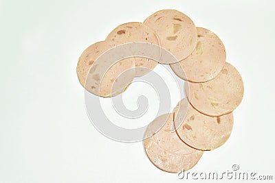 Cold pork bologna slice arranging on white background Stock Photo