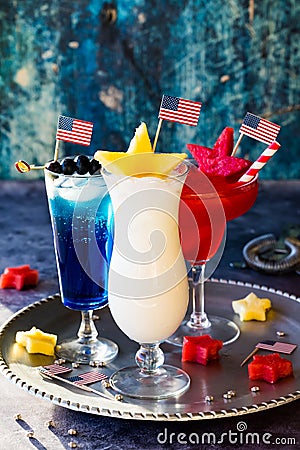 Cold and refreshing cocktails for a 4th of July celebration. Stock Photo