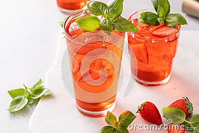 Cold and refreshing strawberry basil cocktail, spring or summer cocktail or mocktail Stock Photo