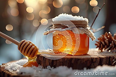 Cold remedy Honey jar, a comforting solution for winter ailments Stock Photo