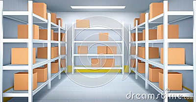 Cold room in warehouse with with boxes racks Vector Illustration