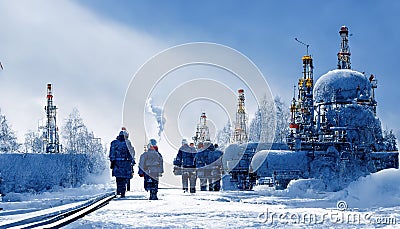 Cold snowy Russian Siberia.Gas and oil rigs Cartoon Illustration