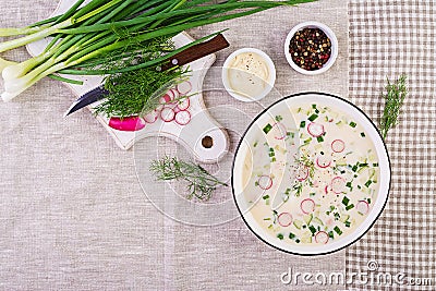 Cold soup with fresh cucumbers, radishes, potato and sausage with yoghurt in bowl. Stock Photo